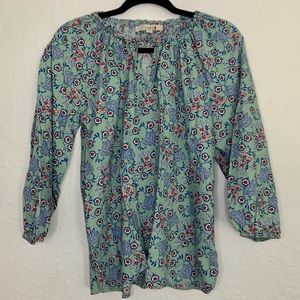 Loft Womens Top Size Medium Peasant Blouse Floral Key Whole Neck Detail